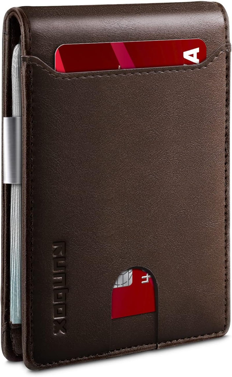 RUNBOX محافظ نقود للرجال، محفظة جلدية رفيعة للرجال، محفظة جيب أمامية مانعة لتقنية RFID، حامل بطاقات ائتمان رفيع مع علبة هدايا - Image 1